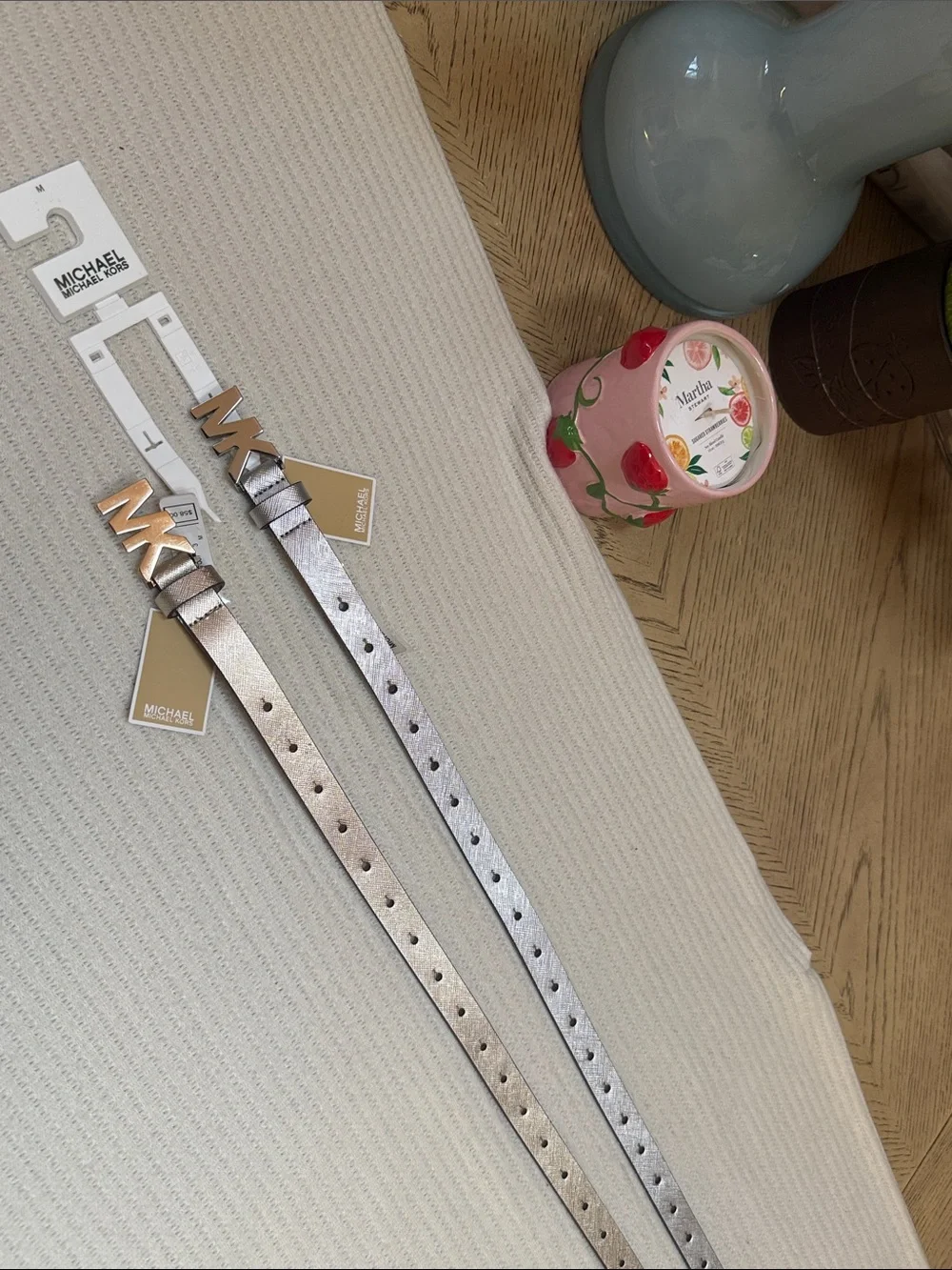 Michael Kors Metallic   Gold and  Silver MK Logo Skinny Belt